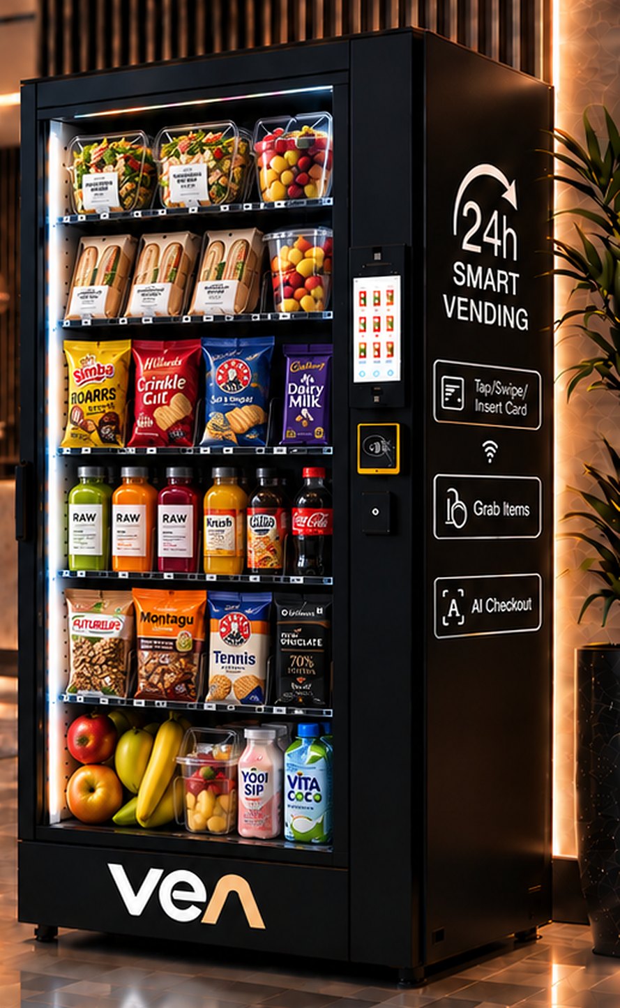 A black ven smart vending fridge stocked with salads, sandwiches, snacks, juices and fruit in a hotel lobby